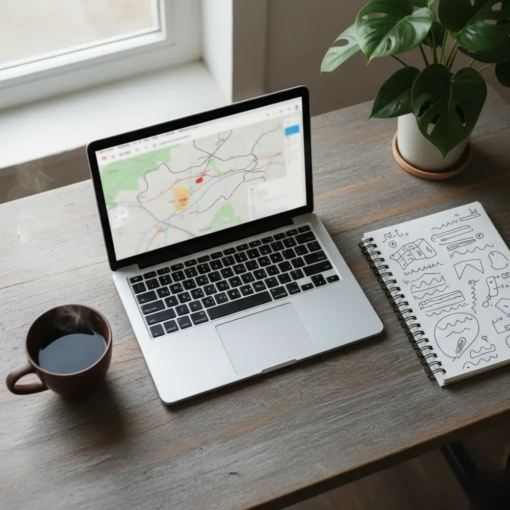 Overhead view of a laptop showing a Google Maps business listing beside a notebook on a wooden desk.