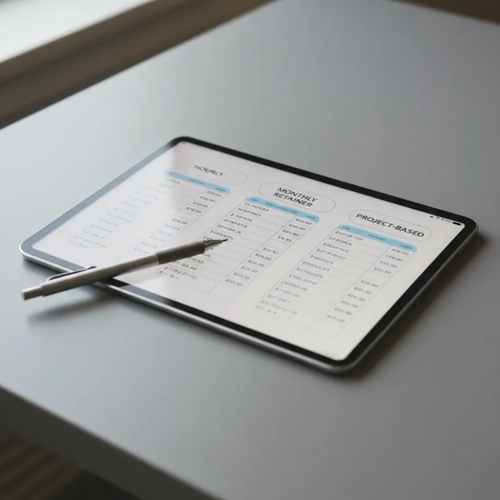 Tablet on a desk displaying a digital marketing pricing tier comparison spreadsheet.
