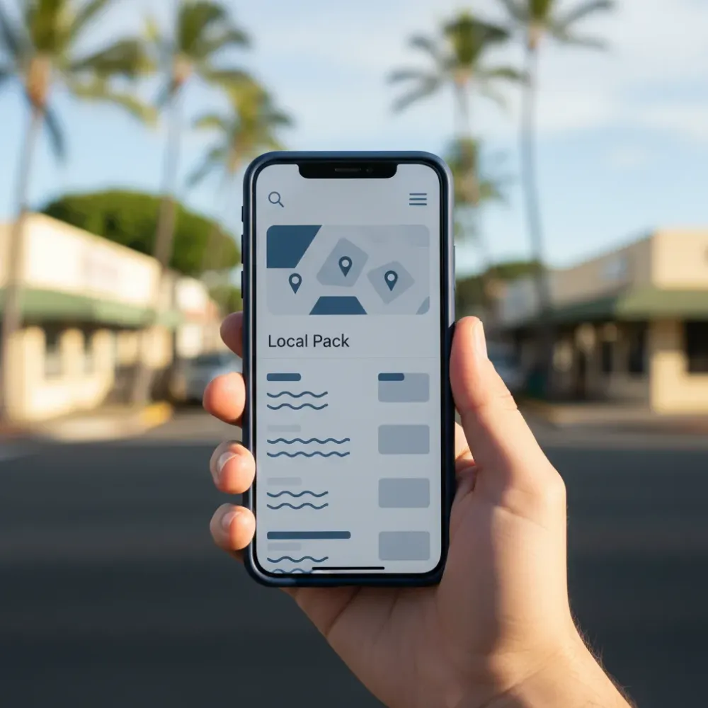 Hand holds a smartphone showing a Google local search results page with a map pack, blurred Honolulu street in background.