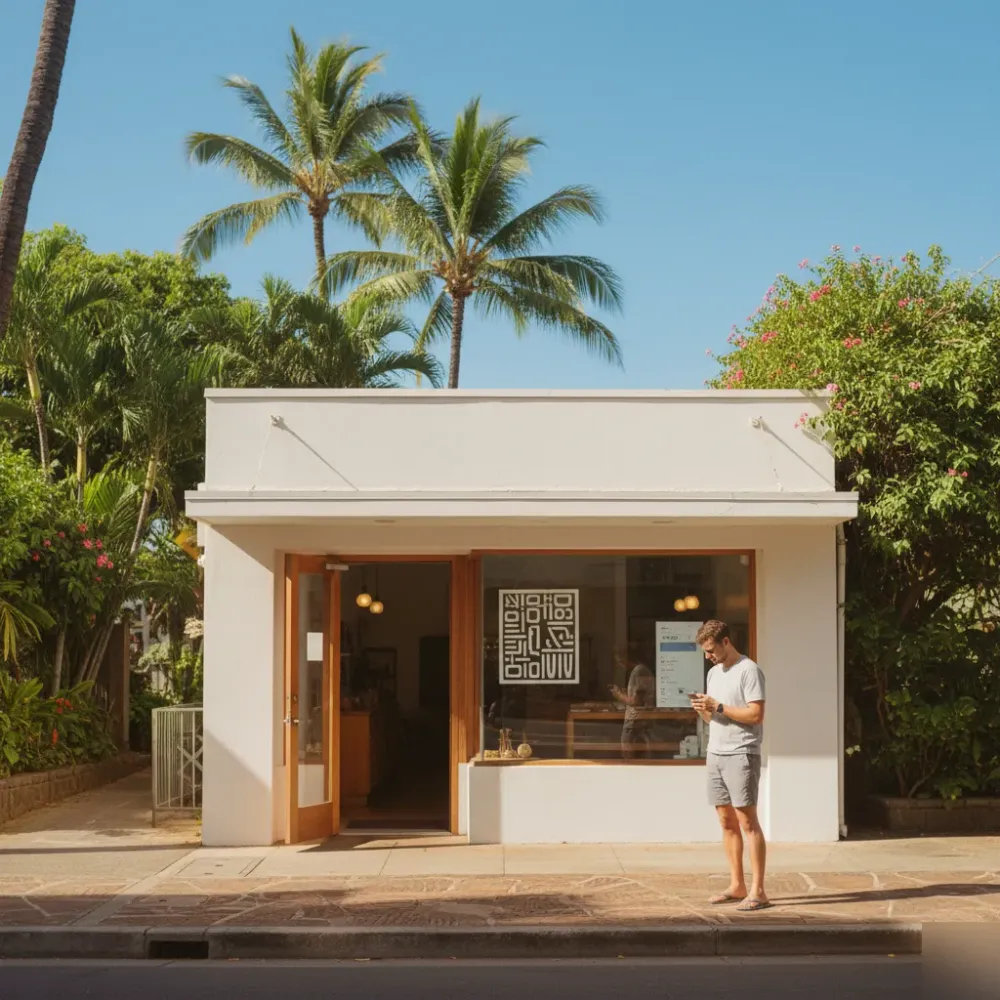 Person searches on a smartphone outside a small Honolulu storefront under bright tropical midday sunlight.