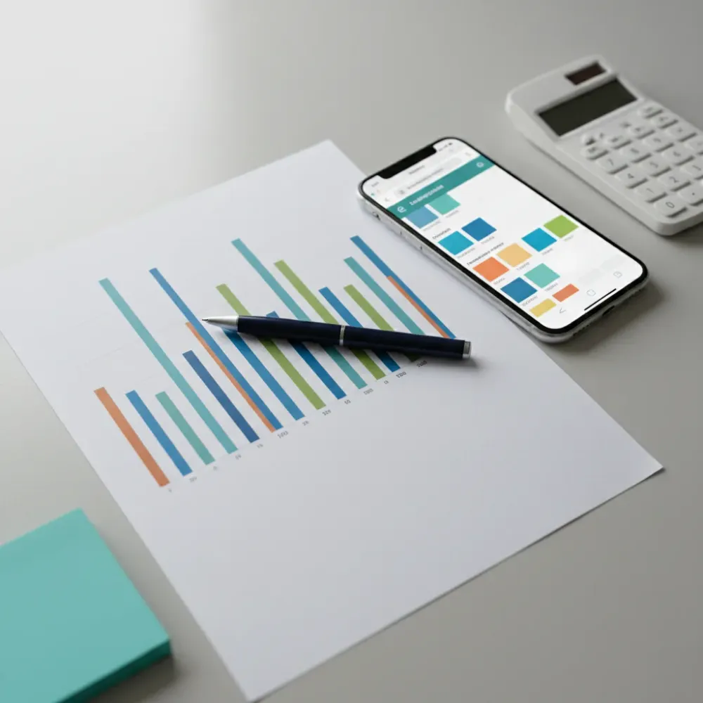 Overhead flat-lay of a printed budget sheet, smartphone, pen, and calculator on a gray desk surface.