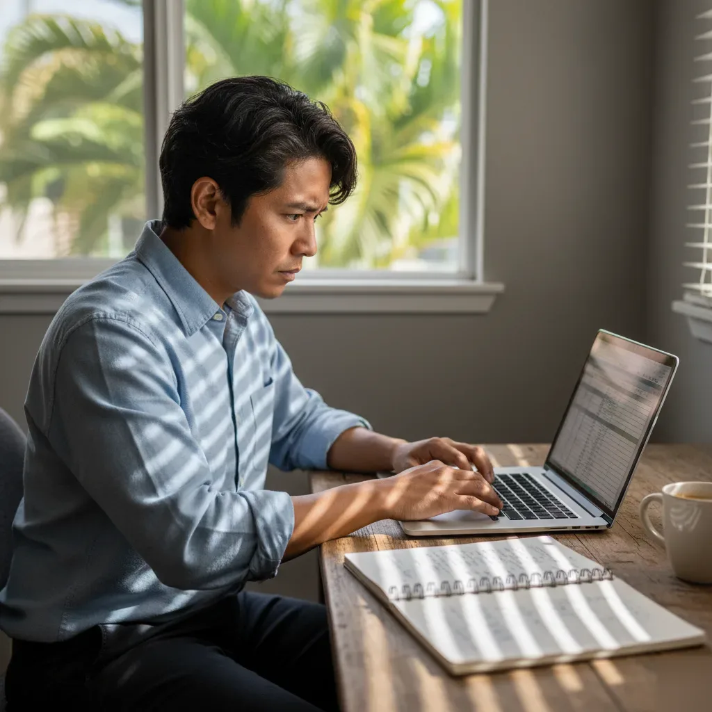 Small business owner in Honolulu reviewing internet marketing costs.