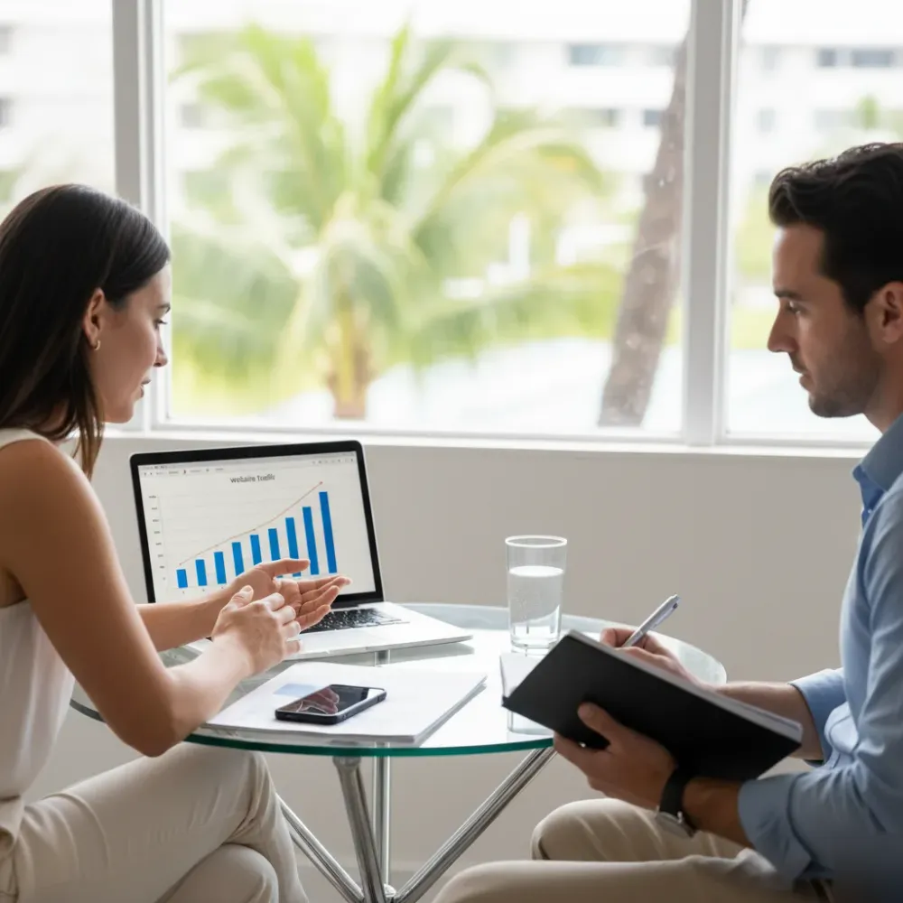 Two people review a website traffic graph on a laptop during a strategy meeting in a bright Honolulu office.