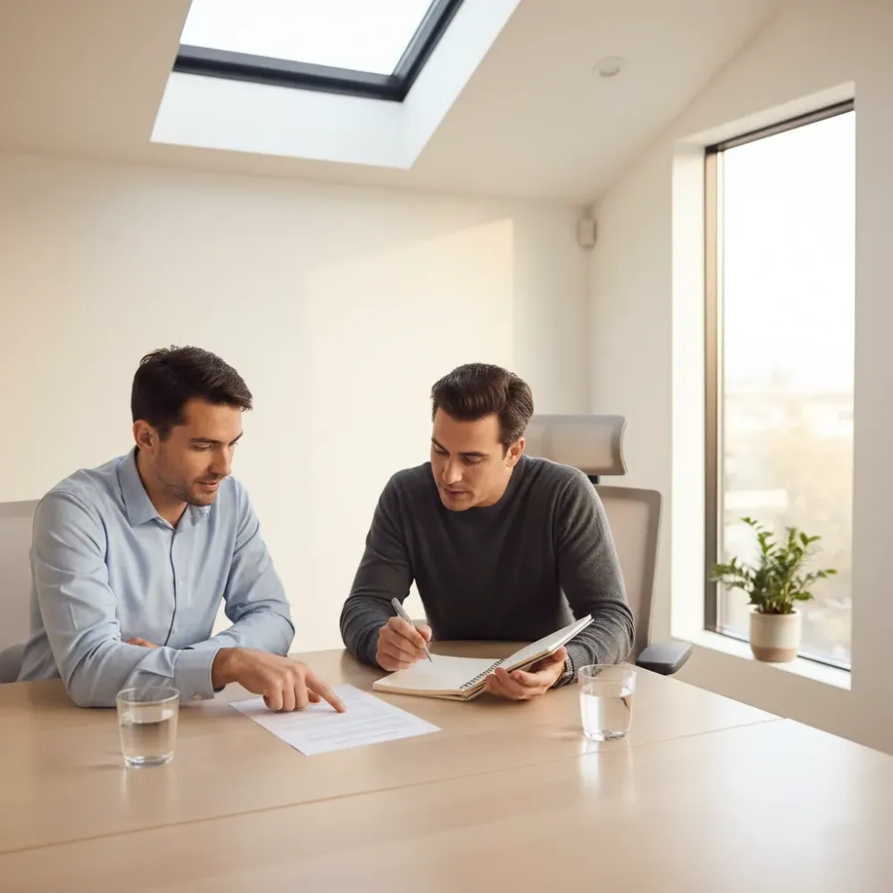 Two people reviewing an internet marketing strategy at a desk for a Honolulu business.