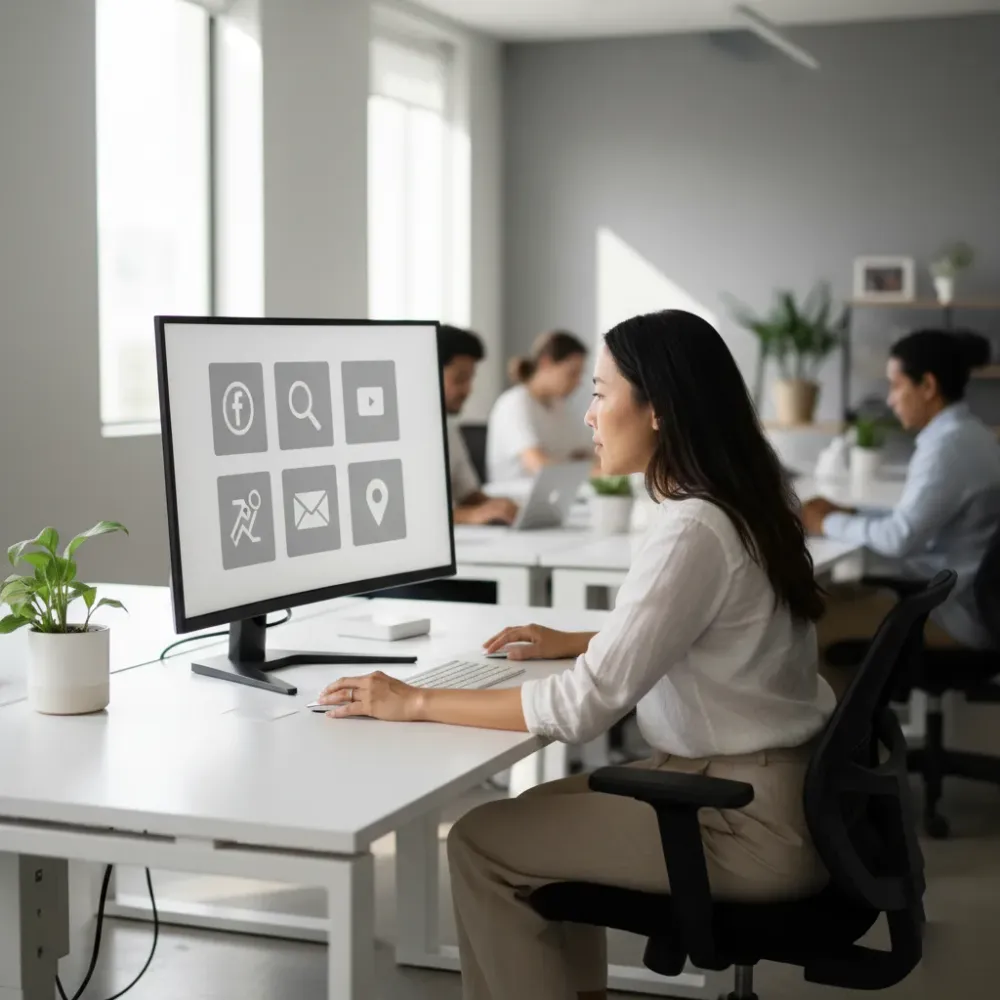 Person reviews a marketing channel dashboard on a monitor inside a bright Honolulu co-working space.